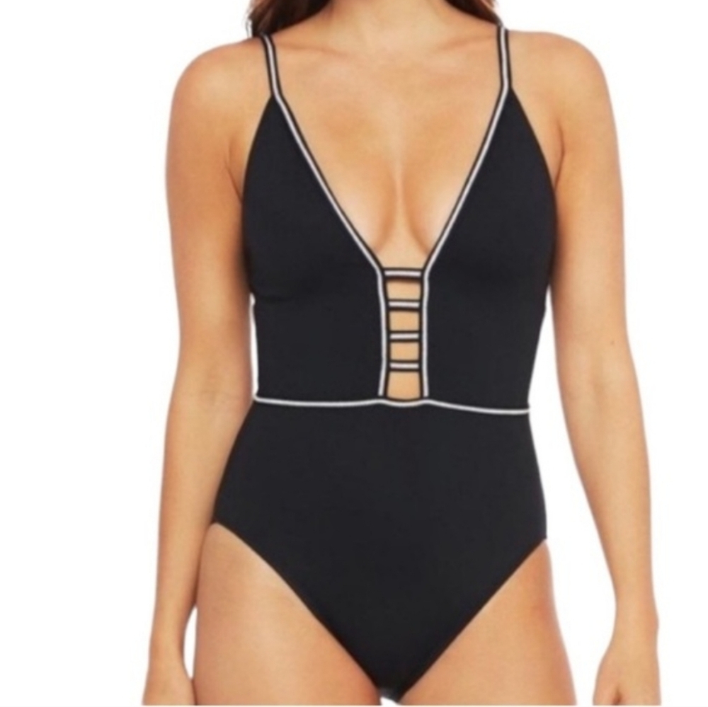 La Blanca Zig & Zag Plunging Mio One-Piece Swimsuit Black White 8